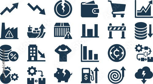 A comprehensive collection of diverse business, finance, and economic icons, depicting various market trends, risks, and operational processes.