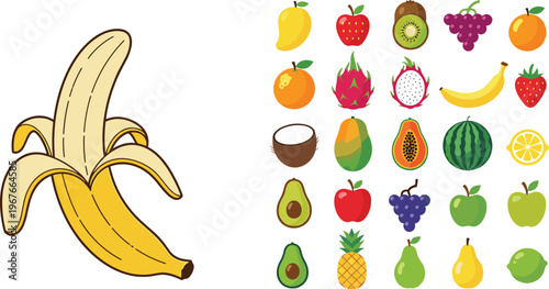 PrintColorful Tropical Fruit Vector Collection with Banana Avocado Apple Mango Watermelon Grapes and Exotic Fruits in Flat Cartoon Style Illustration Set