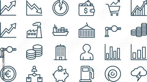 A comprehensive collection of line icons representing various global business, finance, industry, and economic concepts.