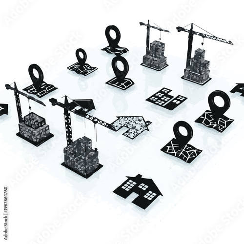 Black and white isometric game pieces on a plain background