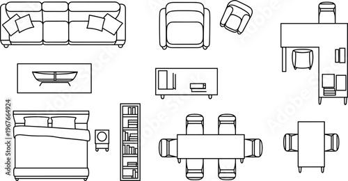 Flat vector furniture layout interior design top view schematic icons