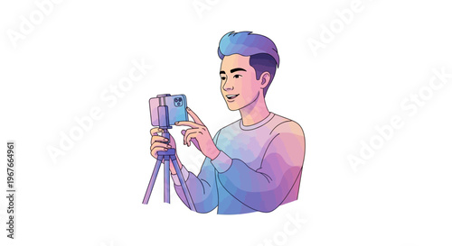 Man holding a smartphone on tripod.