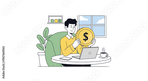 Man holding dollar coin at desk.