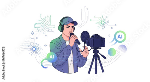 Man holding microphone and camera equipment.