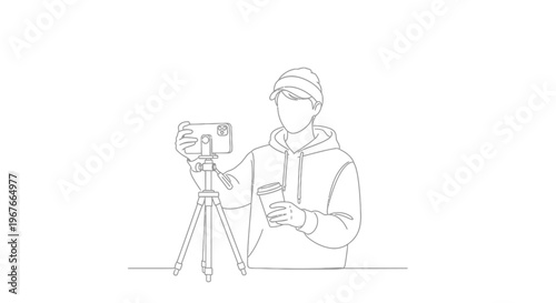 Man holding smartphone on tripod stand.