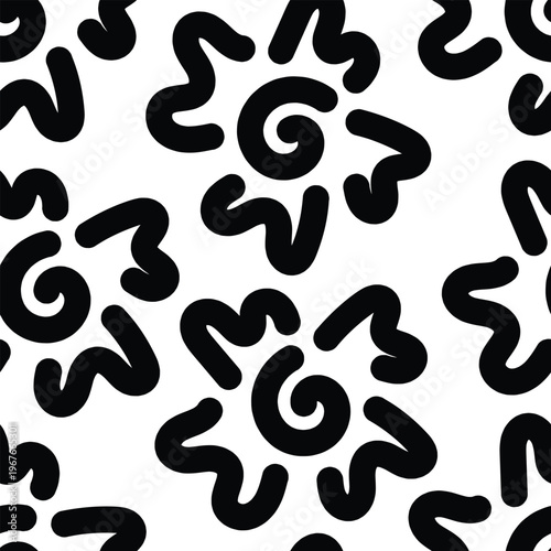 Seamless abstract flower and spiral doodle pattern in black on white background. Minimal artistic repeat design ideal for fabric prints, packaging, and stationery.