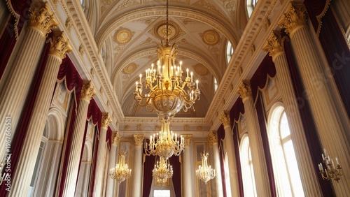 Palace Interior with Ornate Chandeliers and Classical Columns