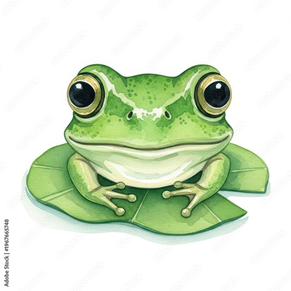 Obraz premium Green frog rests peacefully on a broad water lily leaf.