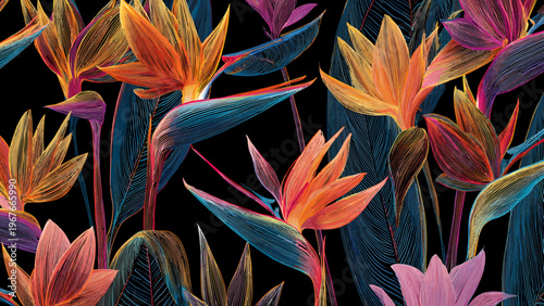 Vibrant lotus flowers bloom in a deep teal environment with a dark lotus pattern.