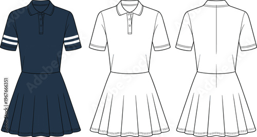 Flat vector polo dress technical illustration pleated skirt front back view