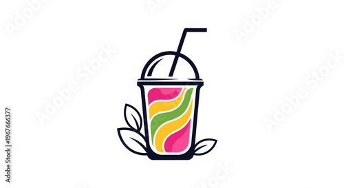 Colorful drink with straw and leaves.