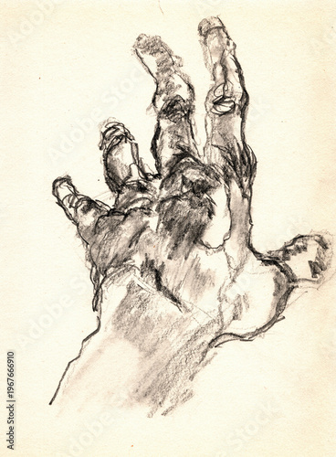 Original Charcoal Drawing of a Human Hand: Expressive Gesture and Strong Shading