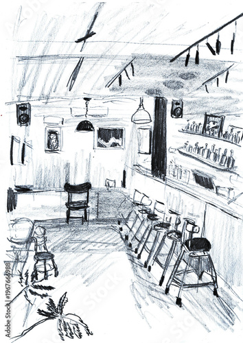 Hand-Drawn Interior Perspective Sketch: Quiet Bar or Cafe Scene in Pencil