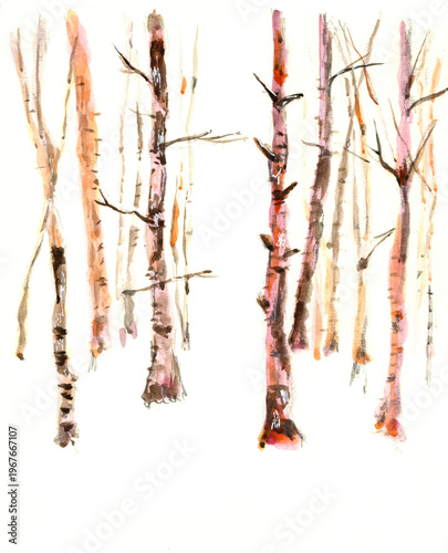 Original Hand-Painted Ink Wash: Minimalist Forest with Slender Tree Trunks