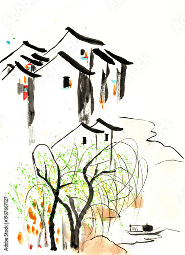 Original Hand-Painted Ink Wash: Traditional Chinese Architecture and River Boat