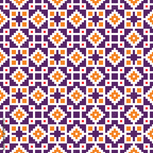 Pixelated Geometric Diamond Shape Seamless Pattern in Purple and Orange Color Scheme