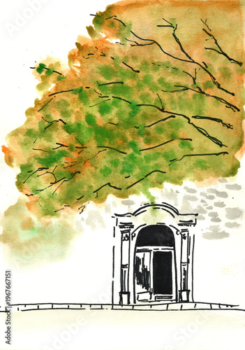 Original Hand-Painted Watercolor: European Style Archway Under a Large Lush Tree