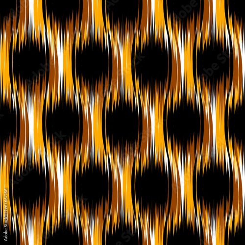 Seamless Ikat Pattern with Vertical Ogee Shapes and Blurred Edges in Black, Gold, and White
A modern textile design featuring traditional ikat-inspired blurred strokes, creating a rhythmic wavy patter