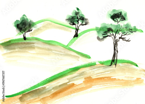 Original Hand-Painted Watercolor: Rolling Hills with Sparse Trees in Minimalist Style
