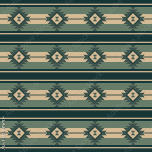 Geometric Seamless Textile Aztec Pattern with Earthy Green and Beige Hues