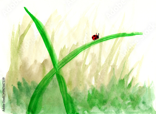 Original Hand-Painted Watercolor: Tiny Ladybug Crawling on a Vibrant Green Leaf