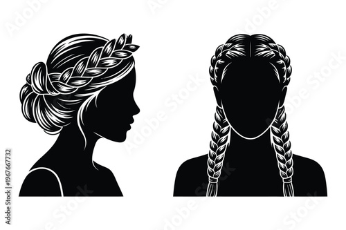 Female silhouettes with elaborate hairstyles with hair accessory