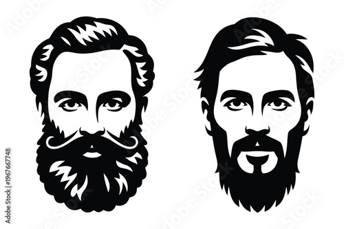 Bearded man silhouettes with moustache and beard styles with well groomed