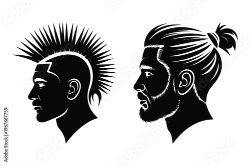 Man's profile silhouettes: mohawk and bun hairstyles