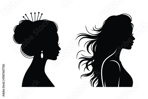 Female profile silhouettes: elegant updo and flowing hair with hair styling