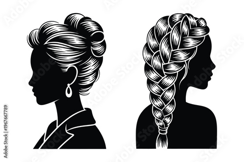 Woman's silhouette with intricate updo and braided hairstyle with hair styling