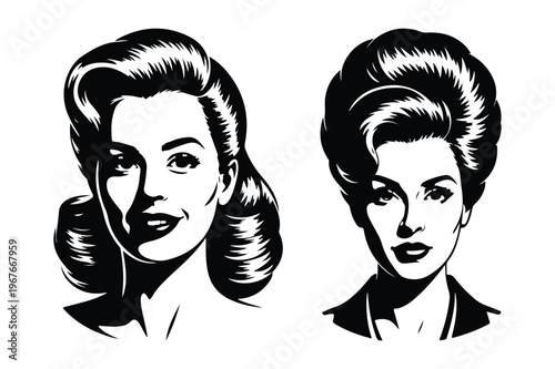 Retro women portraits vector illustration with vintage hairstyles