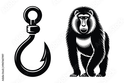 Fishing hook and baboon icons vector illustration
