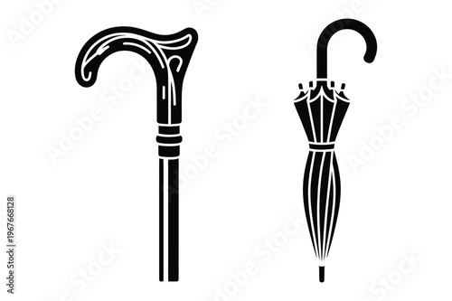 Walking cane and folded umbrella icons