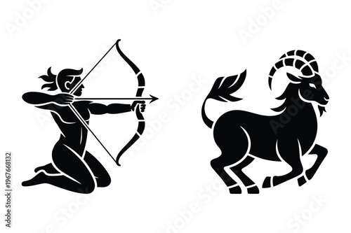 Sagittarius archer and capricorn goat zodiac signs icons