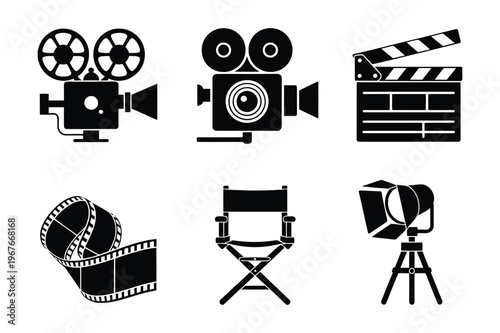 Film industry production equipment black silhouettes vector icons