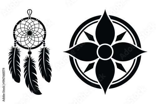 Dreamcatcher and geometric floral mandala silhouette vectors