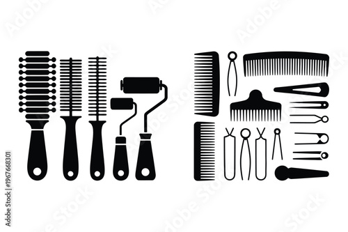 Hairdressing and grooming tools barber salon accessories vector set