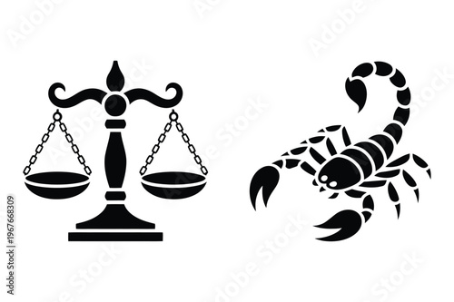 Libra scale and scorpio zodiac signs astrological vector icons set
