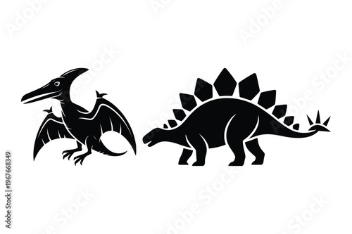 Pterodactyl and stegosaurus dinosaurs black silhouettes vector illustration
