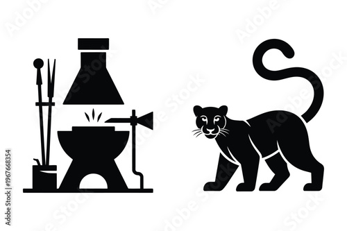 Blacksmith forge and panther wild animal icons