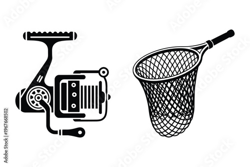Fishing reel and landing net vector illustration