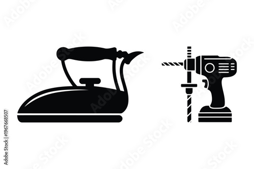 Vintage clothes iron and electric power drill illustration