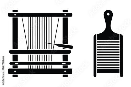Weaving loom and washboard traditional craft tools vector illustration