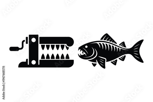Meat grinder and fish skeleton food preparation vector illustration
