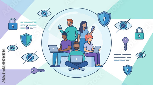 Digital privacy and online security Users inside a protected virtual bubble, surrounded by cybersecurity symbols like locks, shields, and keys for data protection