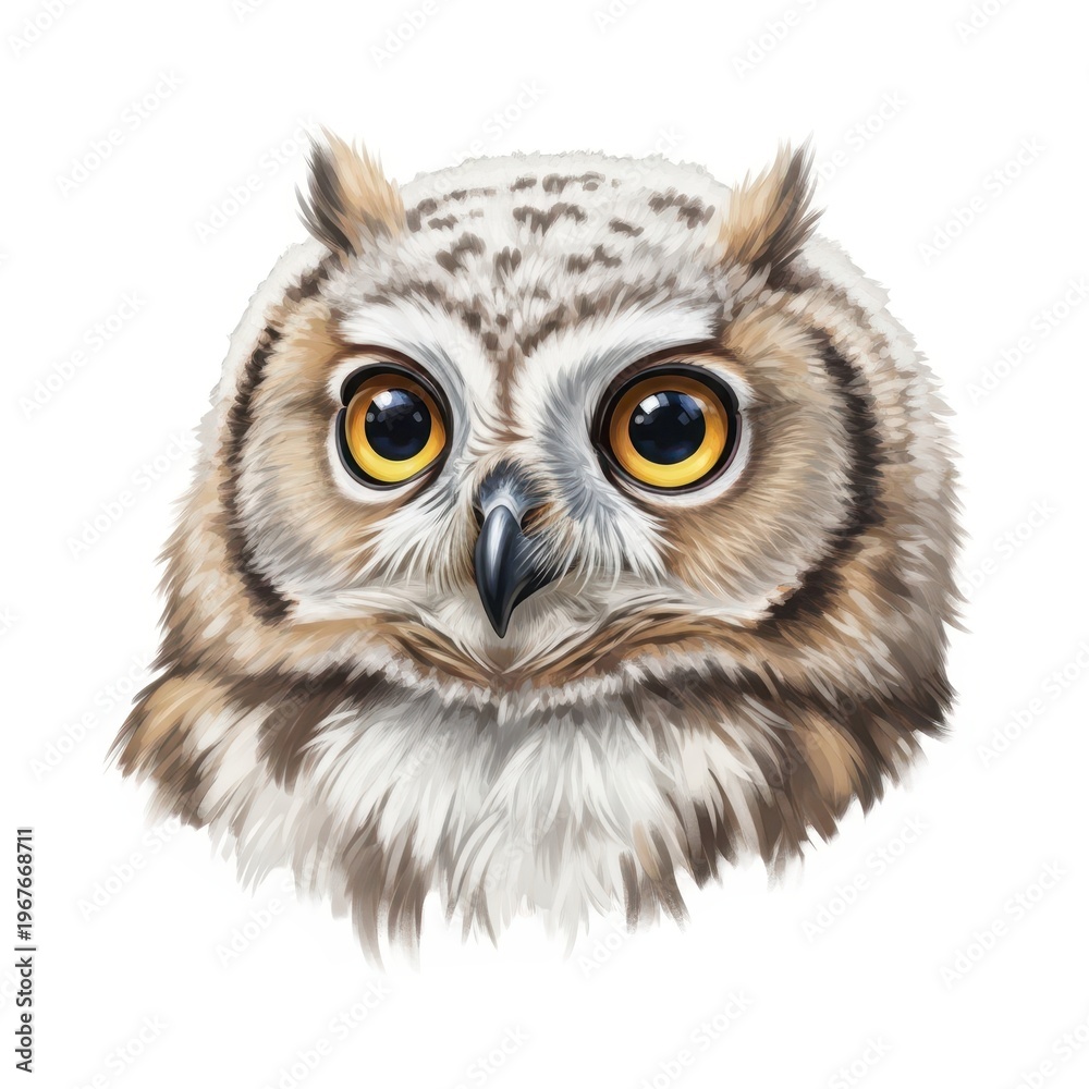 Fototapeta premium Close up portrait of an owl face features sharp eyes and soft feathers on a white background.