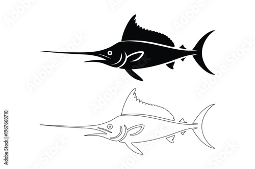 Marlin fish silhouette and outline deep sea angling vector