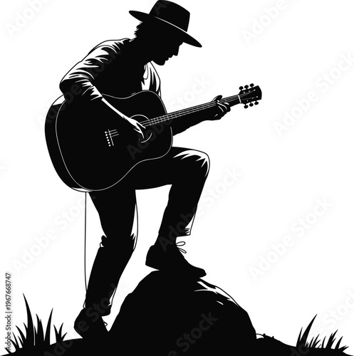 Guitar player silhouette icon collection, acoustic vector artwork set, music design graphic, performance illustration motif, flat vector illustration