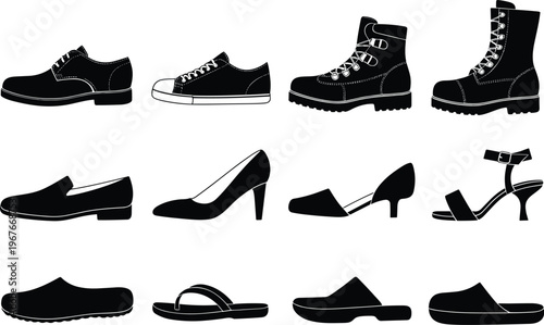 Footwear silhouette icon collection, shoe vector artwork set, fashion design graphic, decorative illustration motif, flat vector illustration