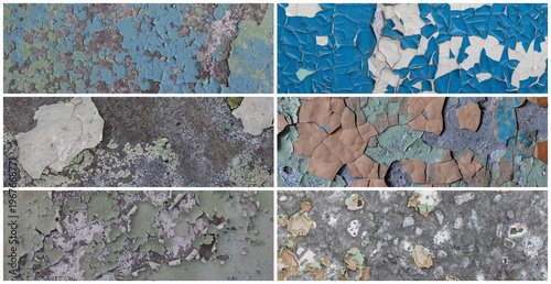 Set of peeling paint textures. Old concrete walls with cracked flaking paint. Weathered rough painted surfaces with patterns of cracks and peeling. Collection of panoramic backgrounds for design.